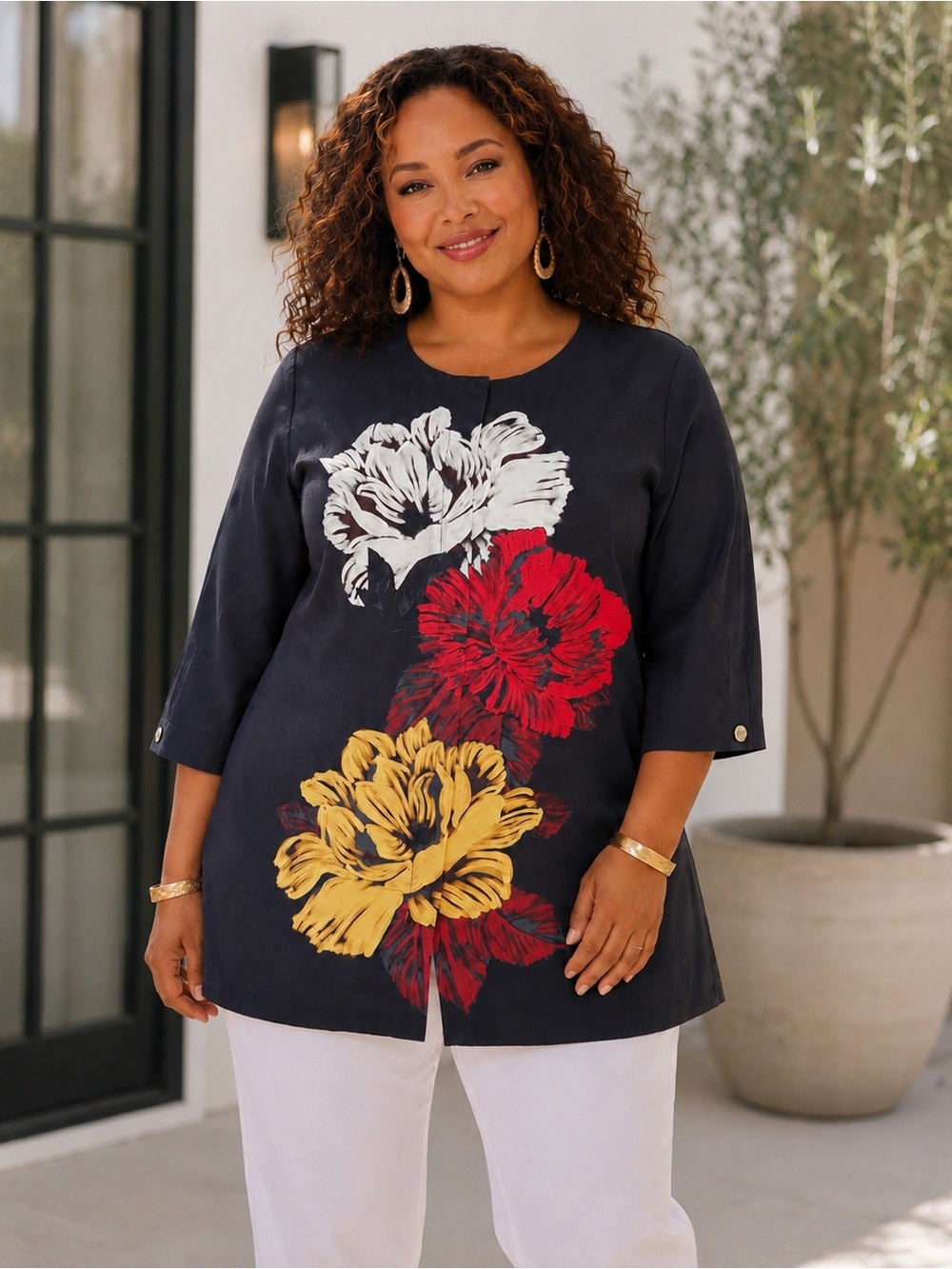 Chico's Faille Statement Floral Topper Zip Front Black Jacket Art Print